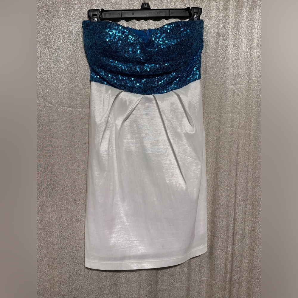 Passarella Strapless Bodycon Sequin Dress Small White and Blue Party Formal Sexy